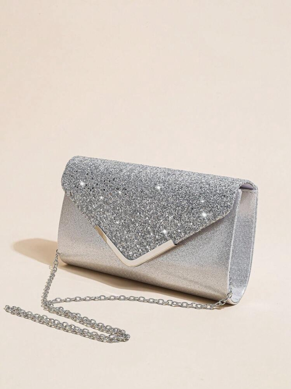 Silver Glitter Envelope Clutch with Chain Strap - NWOT